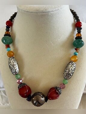 Colorful Multi-Bead Statement Necklace - Red, Green, Amber